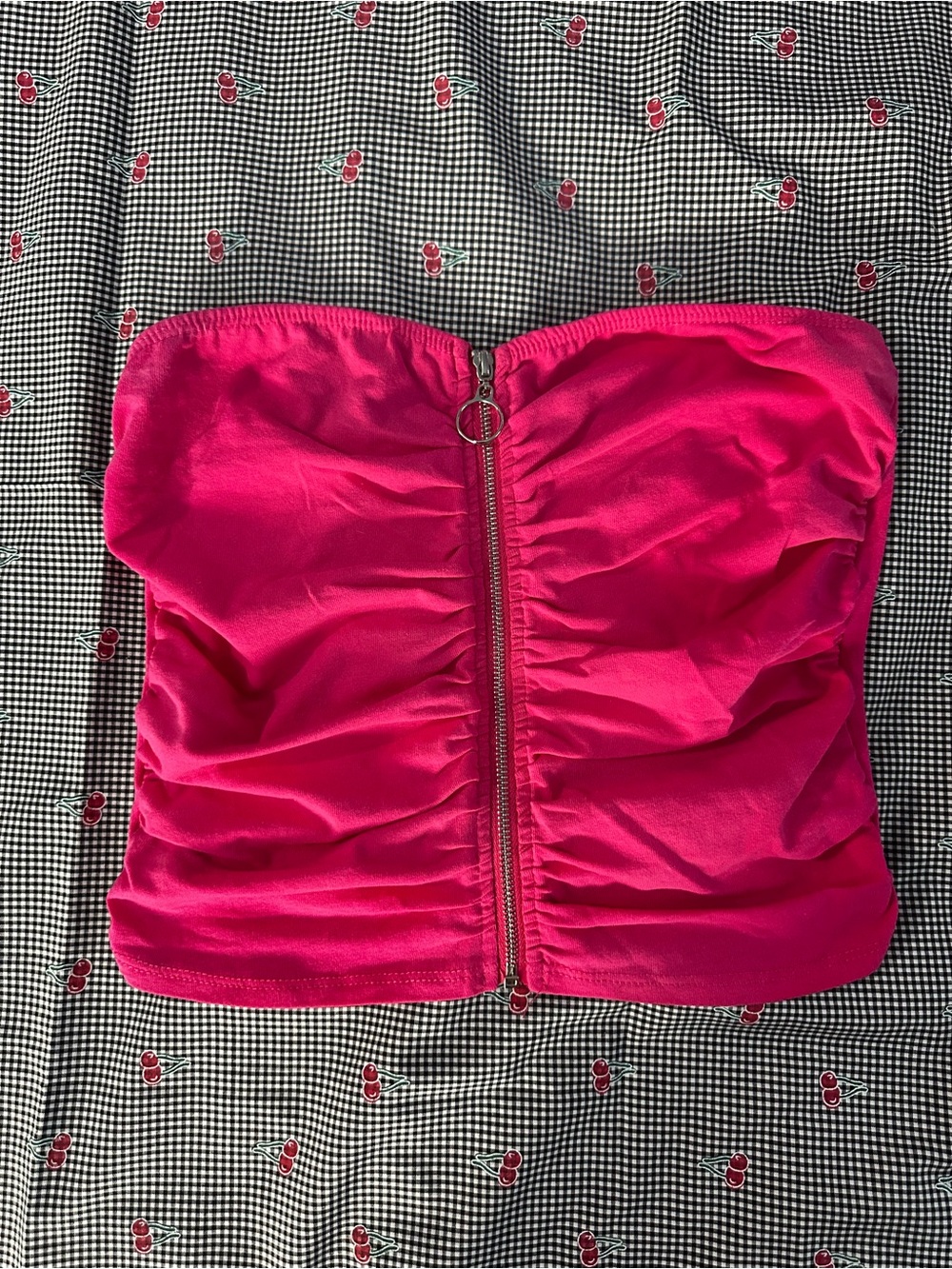 Fashion Nova Fuchsia Strapless Ruched Zip-Front Crop Top